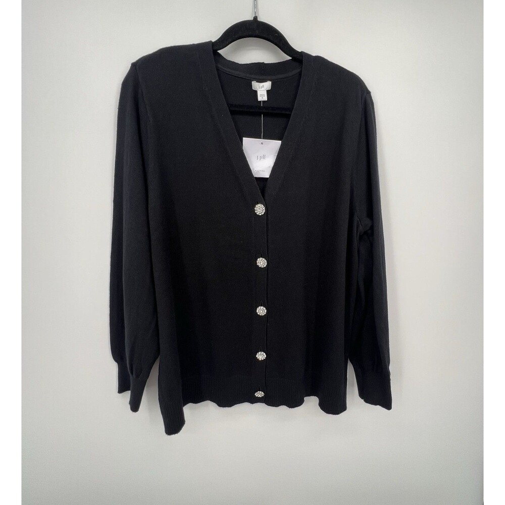 J Jill Black Knit Cardigan Sweater size XL Rhinestone Bejeweled Buttons Classic